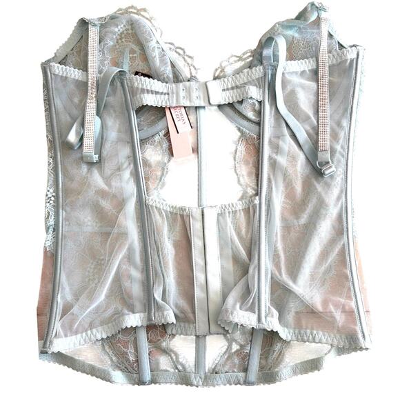 Victoria Secret Lingerie Bustier Corset XL Light Mint Blue Lace rhinestone Strap - Picture 5 of 10